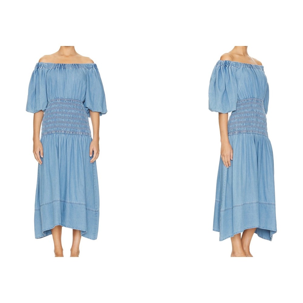 MISA Los Angeles Denim‎ Smocked Midi Dress Light Wash Blue Puff Sleeve Women's M